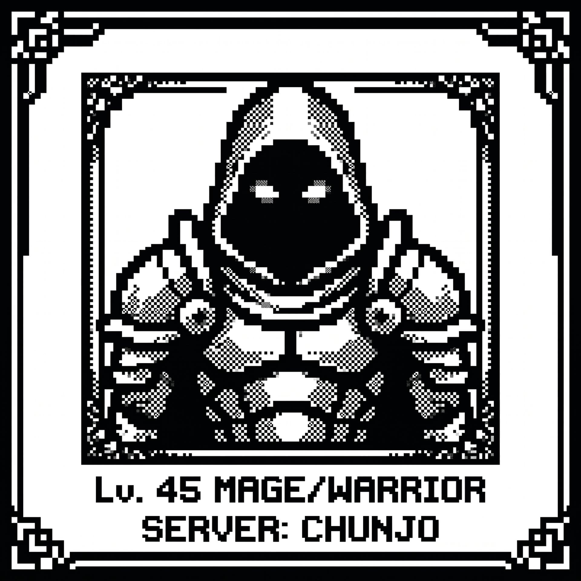 Pixel-art 64×64 portrait of a hooded mage in Korean MMO style, monochrome.