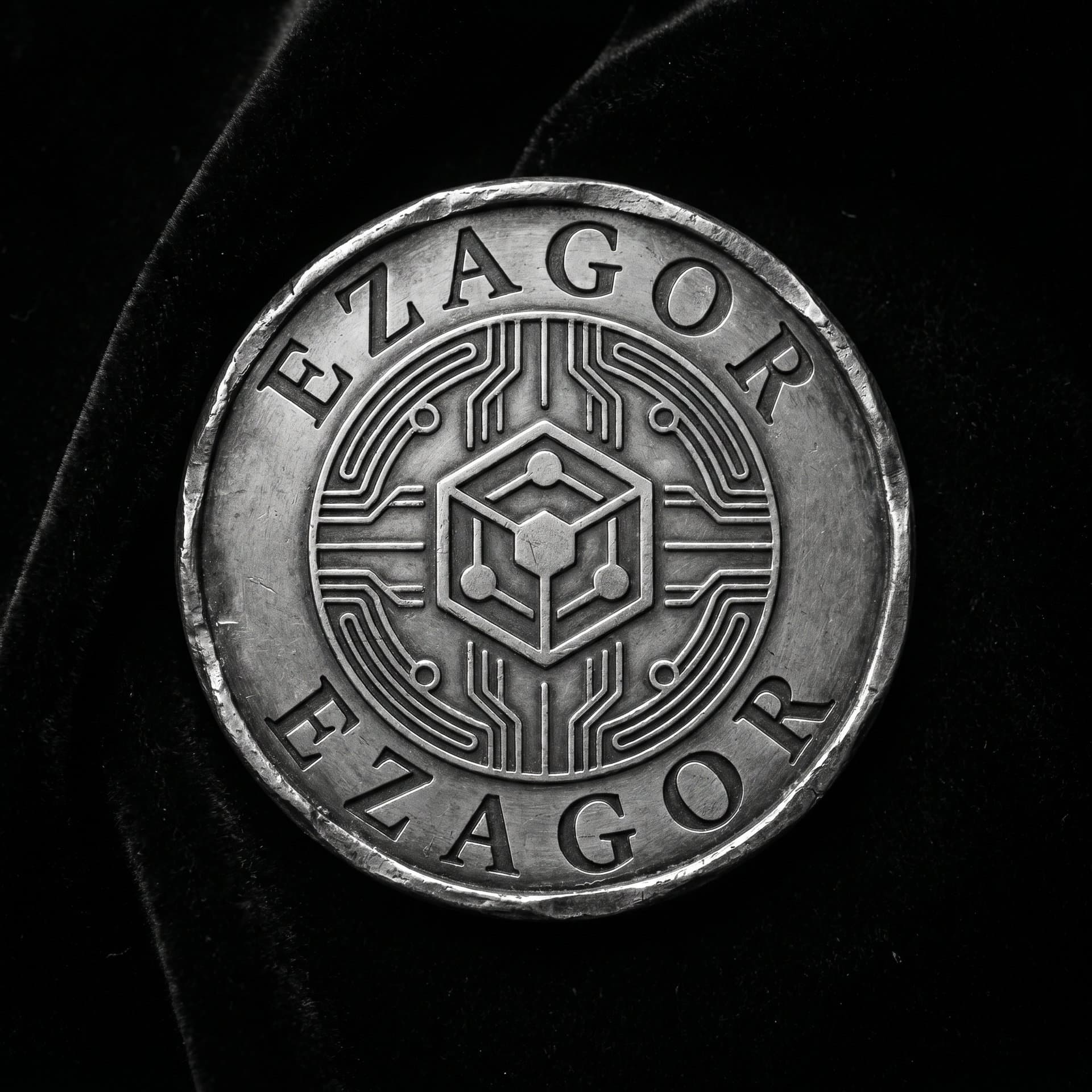 Circular antique medallion engraved with a hexagonal node and the word EZAGOR.