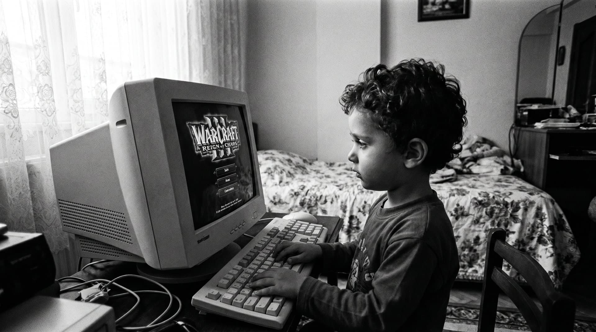 A four-year-old child at a chunky beige CRT computer playing Warcraft III — late-90s family bedroom, monochrome cinematic.