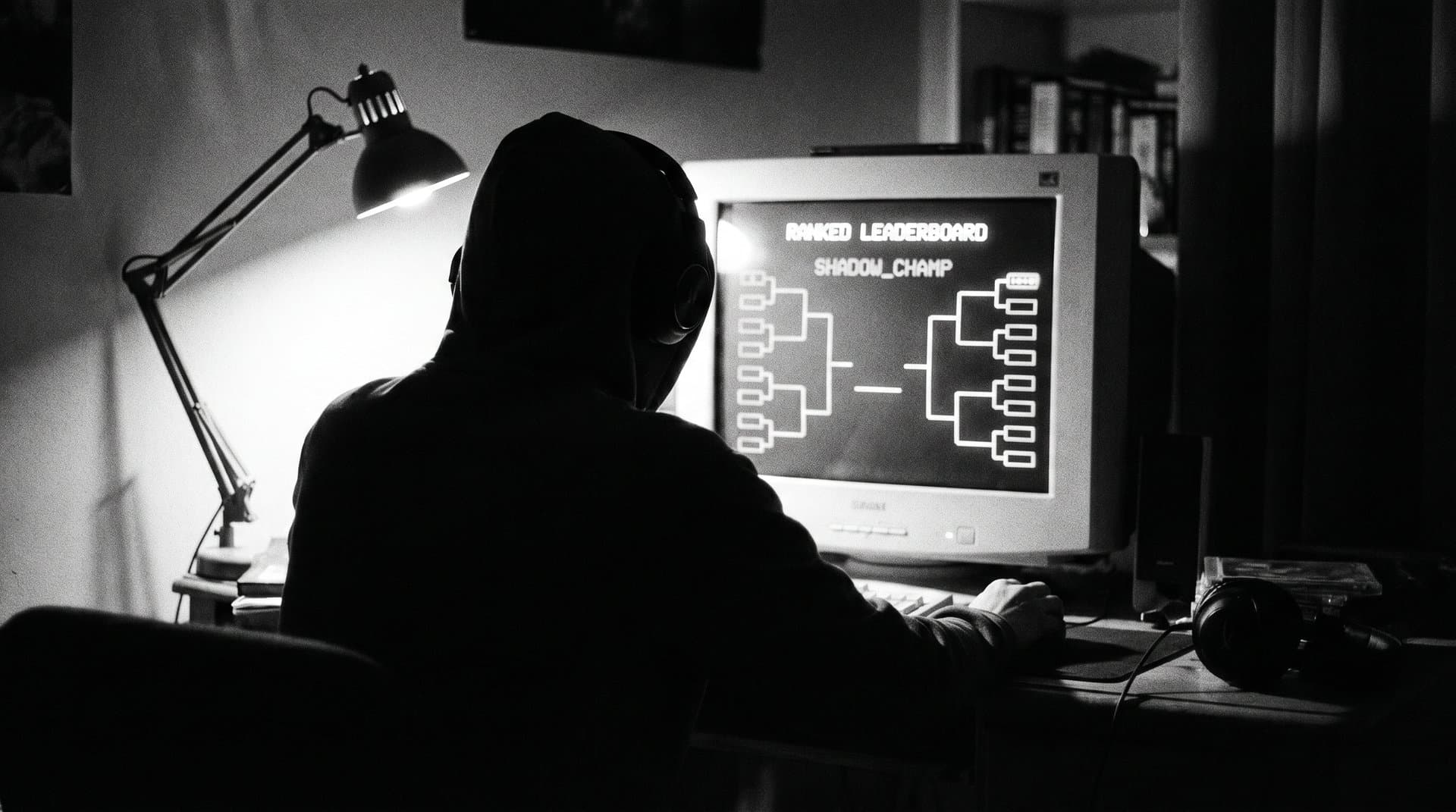 A hooded teenage gamer at a single CRT showing a competitive leaderboard at 3am — headphones on, intense focus.