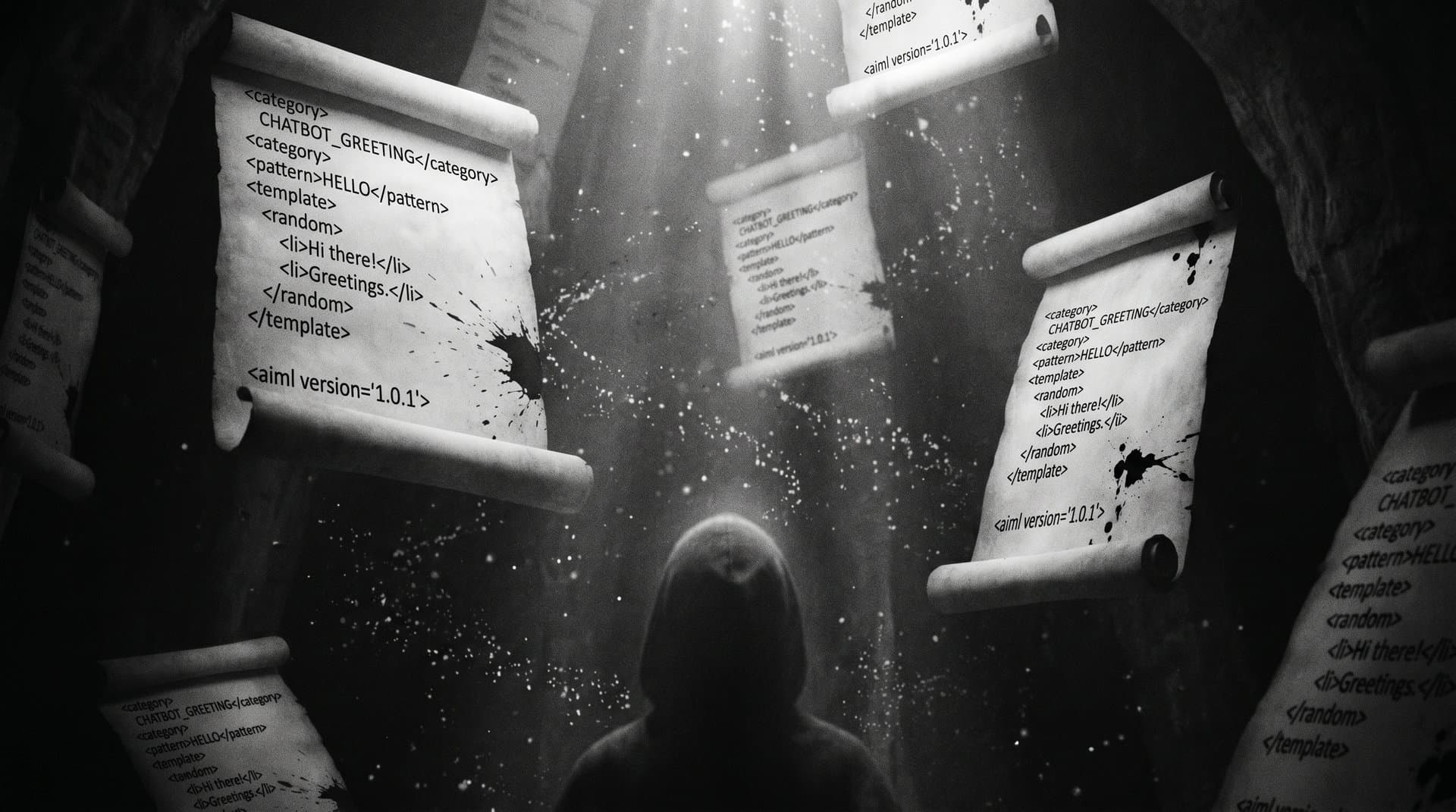 Parchment scrolls covered in handwritten AIML XML, suspended in a dark void with a faint hooded silhouette.