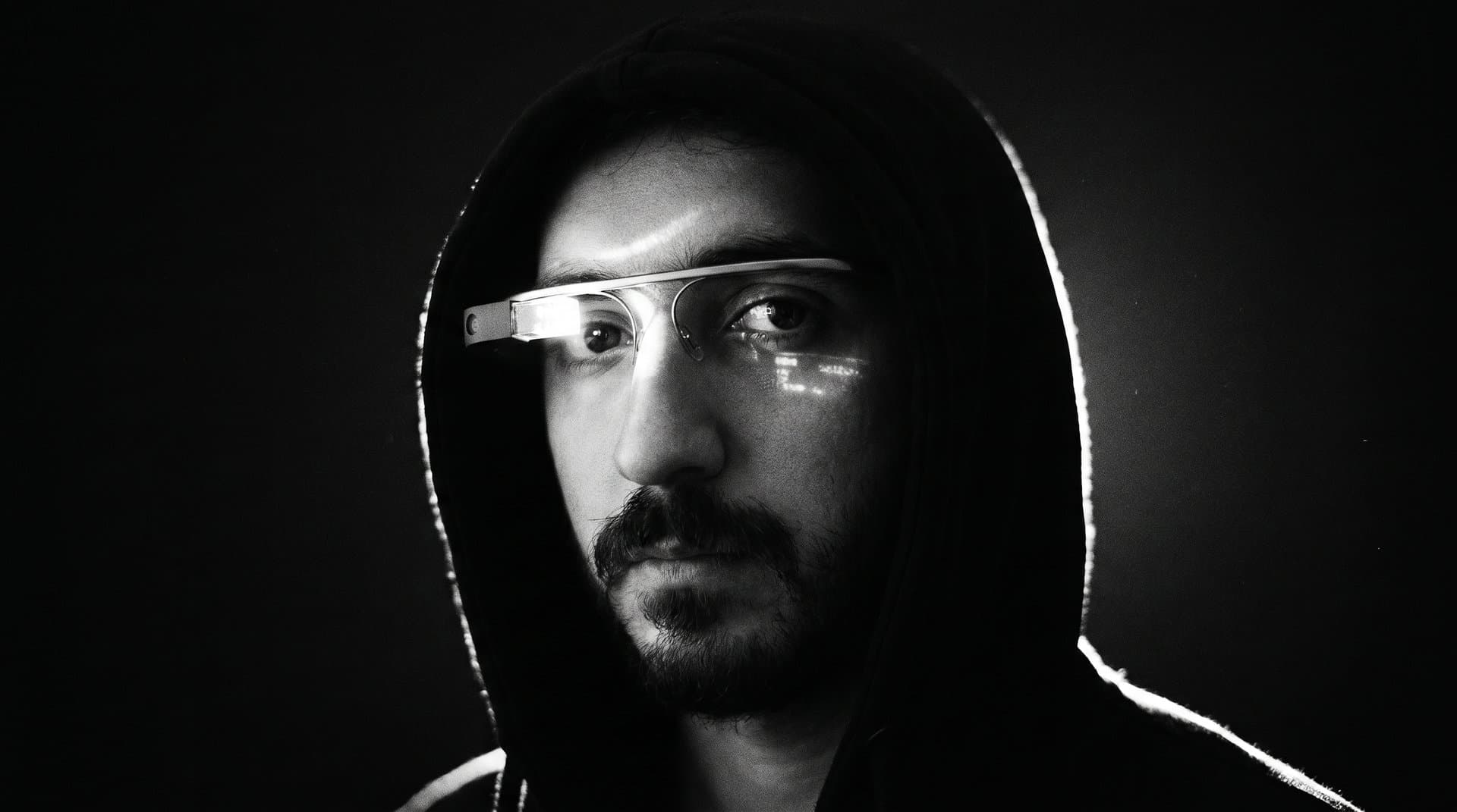 A hooded young man's profile wearing Google Glass 2 — the prism the only light source.