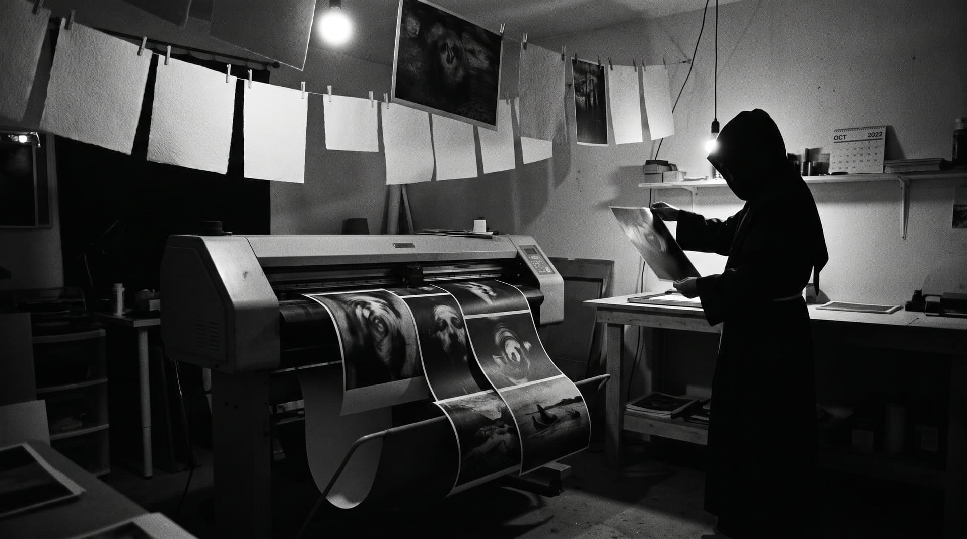 A darkroom with a wide-format printer extruding monochrome AI-generated prints; a hooded curator examines them.