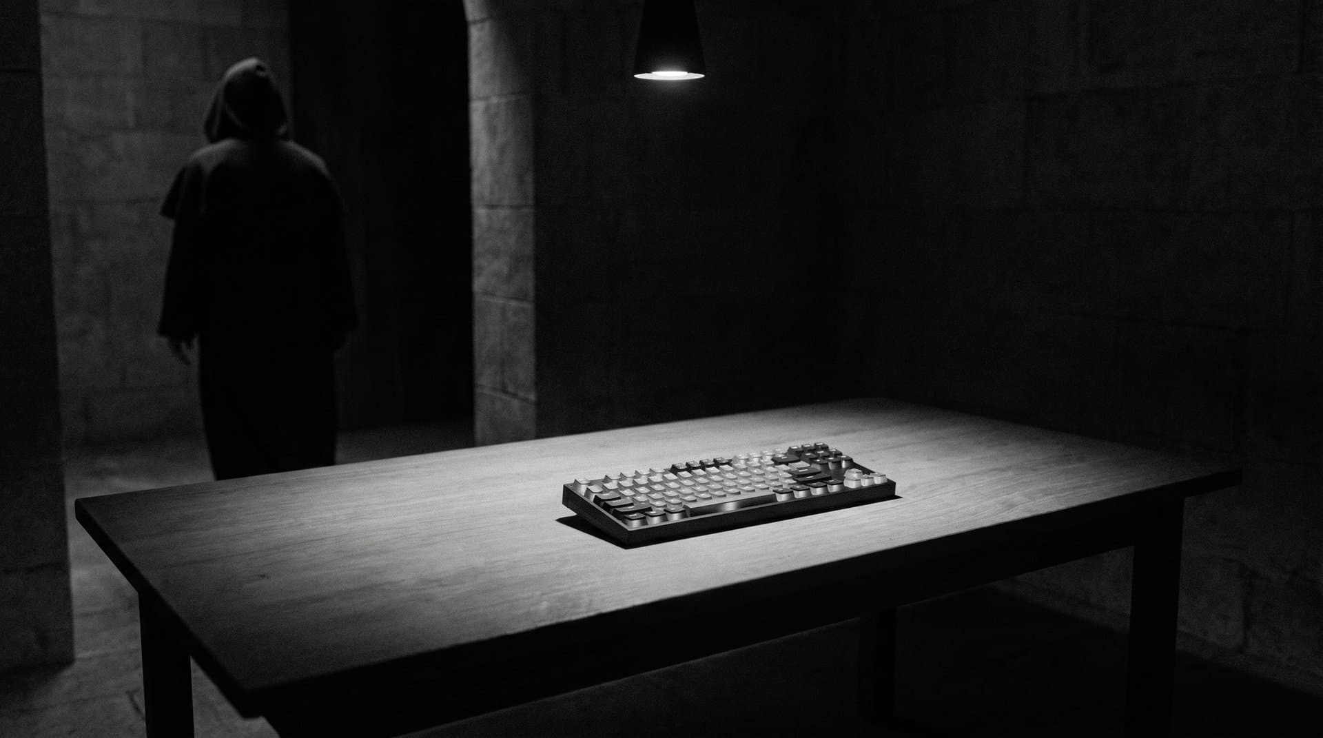 A dim empty desk lit by a single spotlight — only a faintly glowing keyboard remains; a hooded silhouette exits the frame.