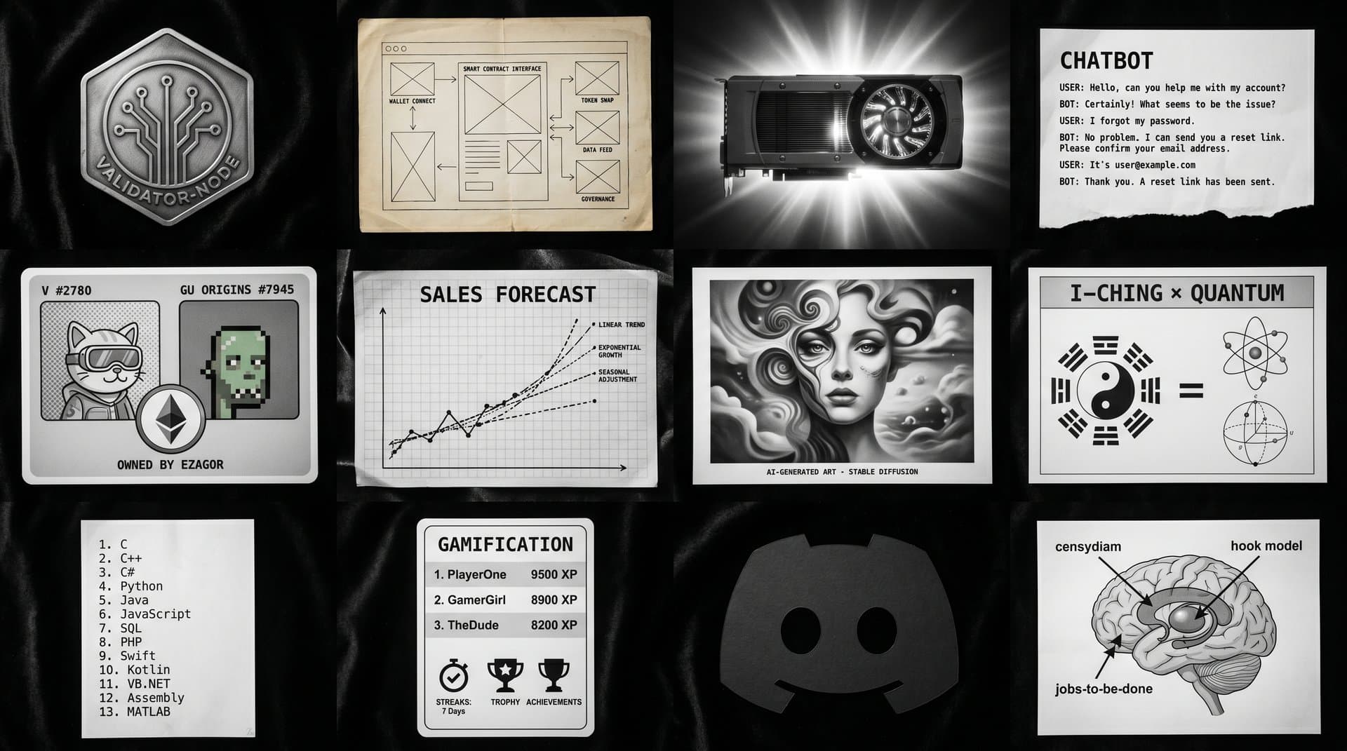 A flat-lay contact sheet of monochrome artifacts from years of private work — chips, schematics, GPUs, prints, frameworks.