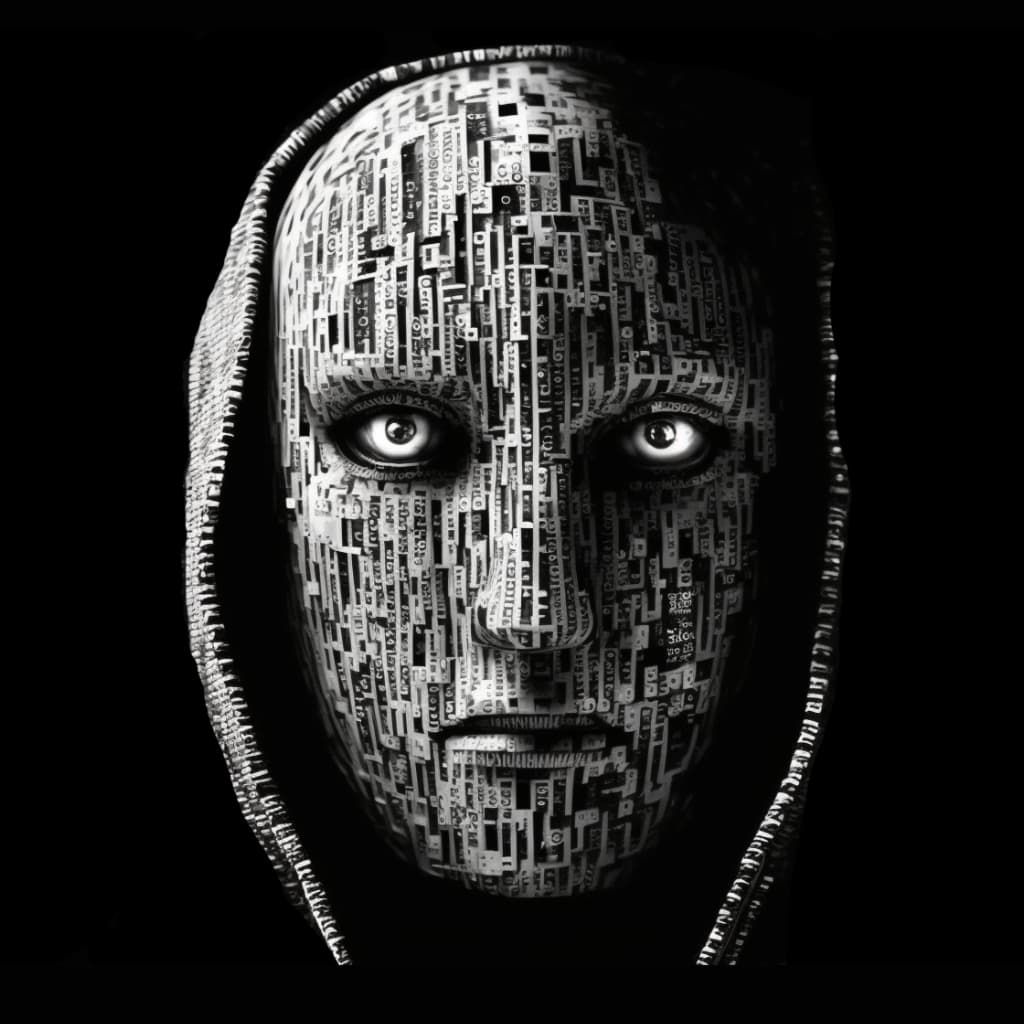 A hooded figure whose face is composed entirely of binary code, eyes glowing white — the ezagor mask.