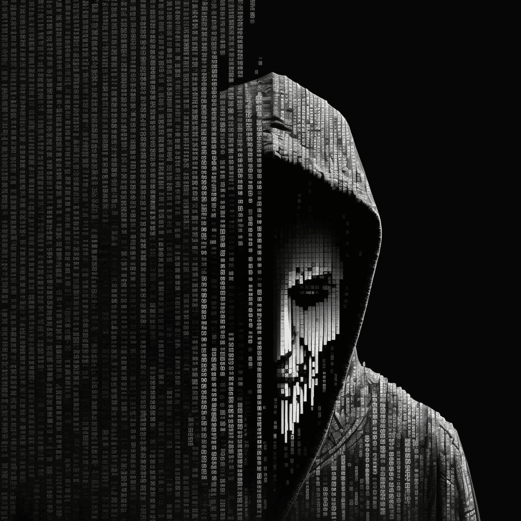 Hooded silhouette dissolving into vertical binary rain — pure monochrome.
