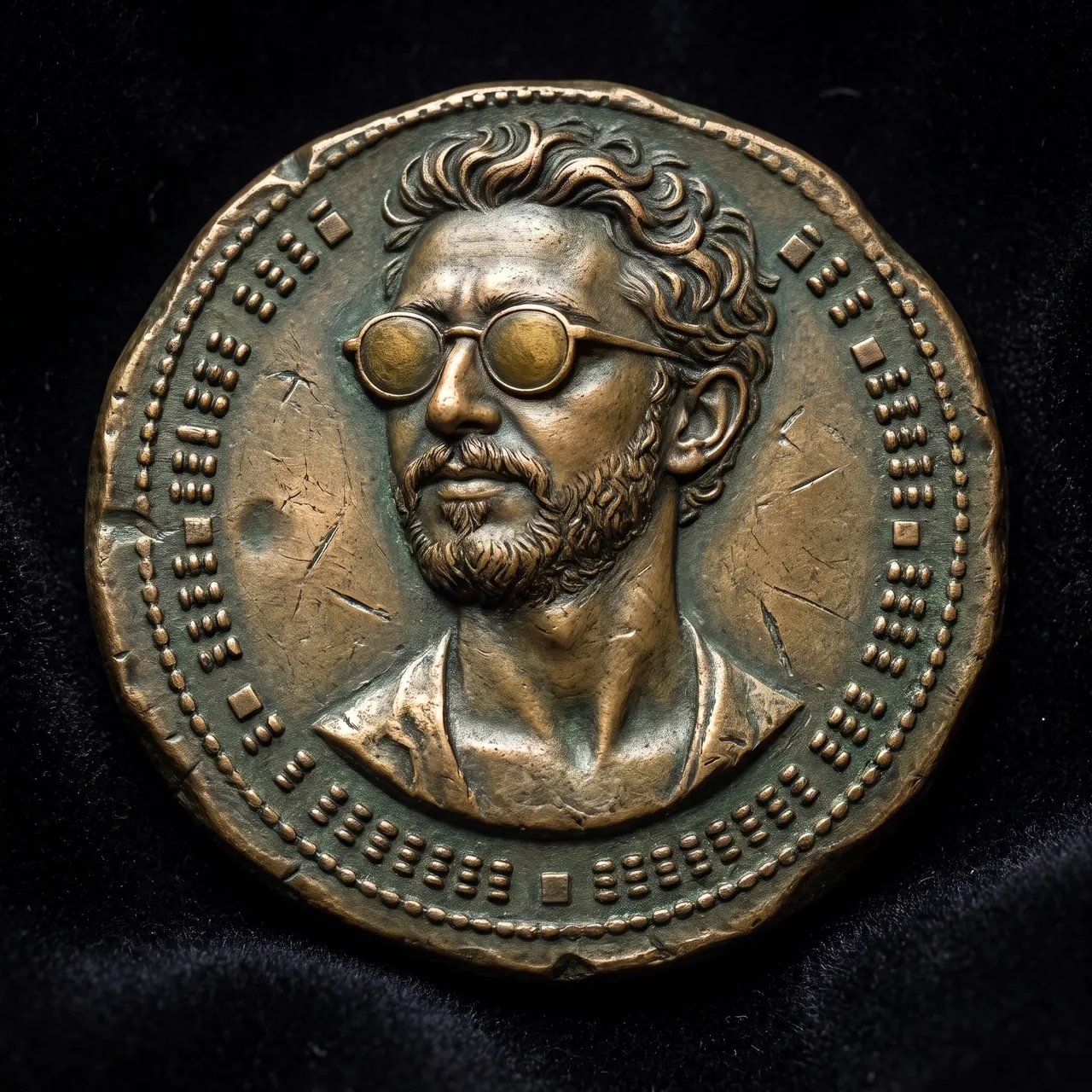 Yapay zekâ ile üretilmiş çizim: antik görünümlü bronz bir sikke; üzerinde yuvarlak gözlüklü Atakan Özalan kabartması, kenarı delikli veri gibi nokta desenlerinden.