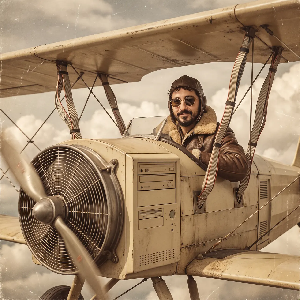 Yapay zekâ ile üretilmiş çizim: deri pilot başlıklı Atakan Özalan, gövdesi bej bir bilgisayar kasası ve pervanesi bir fan olan çift kanatlı bir uçağı uçuruyor.
