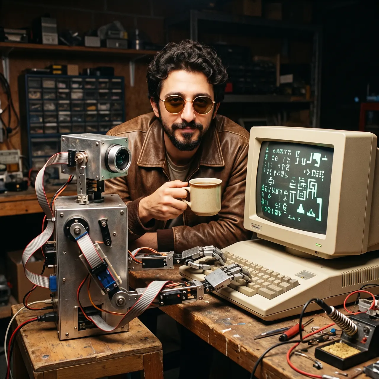 1970'lerin fotoğrafı tarzında yapay zekâ ile üretilmiş çizim: garaj atölyesinde elinde kahve kupasıyla Atakan Özalan; el yapımı bir robot eski bir bilgisayar klavyesinde kendi kendine yazıyor.