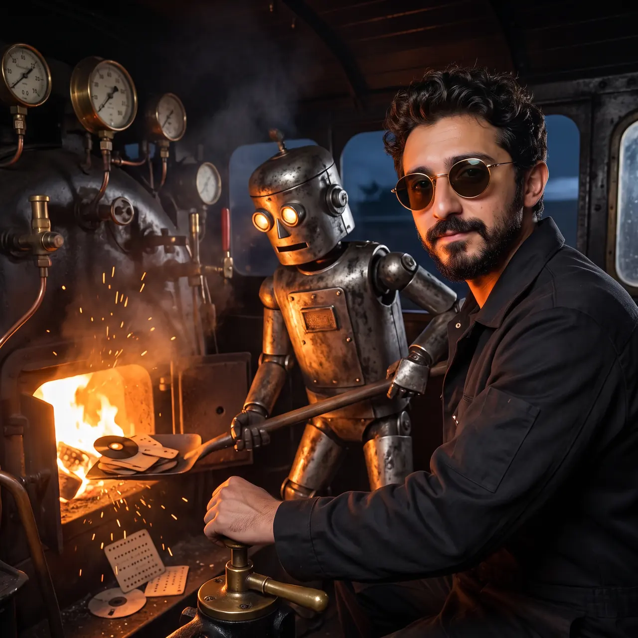 Yapay zekâ ile üretilmiş çizim: buharlı bir lokomotifin kumandasında Atakan Özalan; metal bir robot ateşçi ocağa kürekle disket ve delikli kart atıyor.