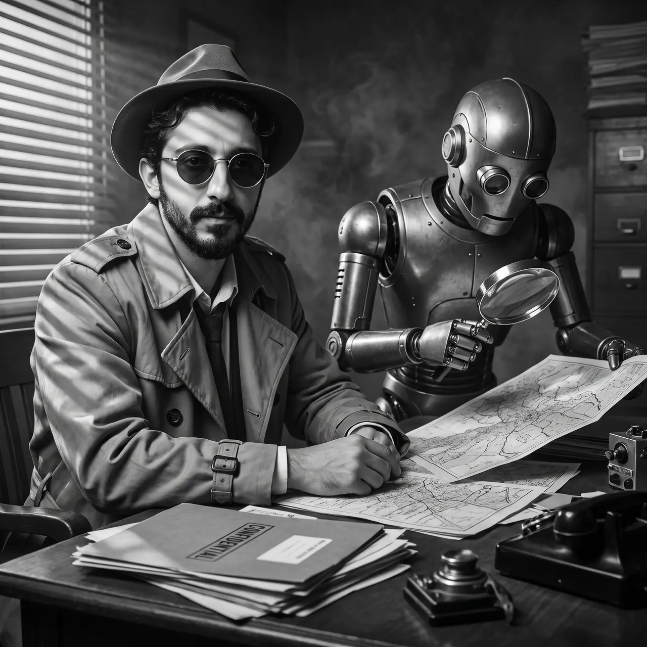 Siyah beyaz kara film tarzında yapay zekâ ile üretilmiş çizim: fötr şapkalı ve trençkotlu Atakan Özalan haritalarla dolu bir masada; robot ortağı haritaları büyüteçle inceliyor.