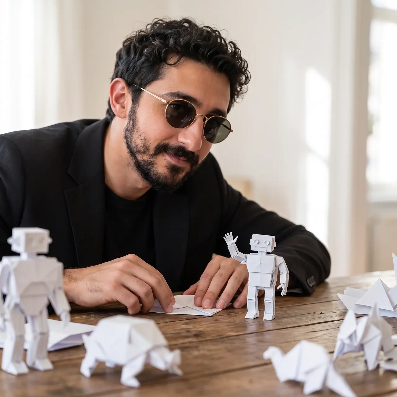 Yapay zekâ ile üretilmiş çizim: ahşap masada kâğıt katlayan Atakan Özalan; kâğıt hayvanların arasında beyaz bir origami robot ona el sallıyor.