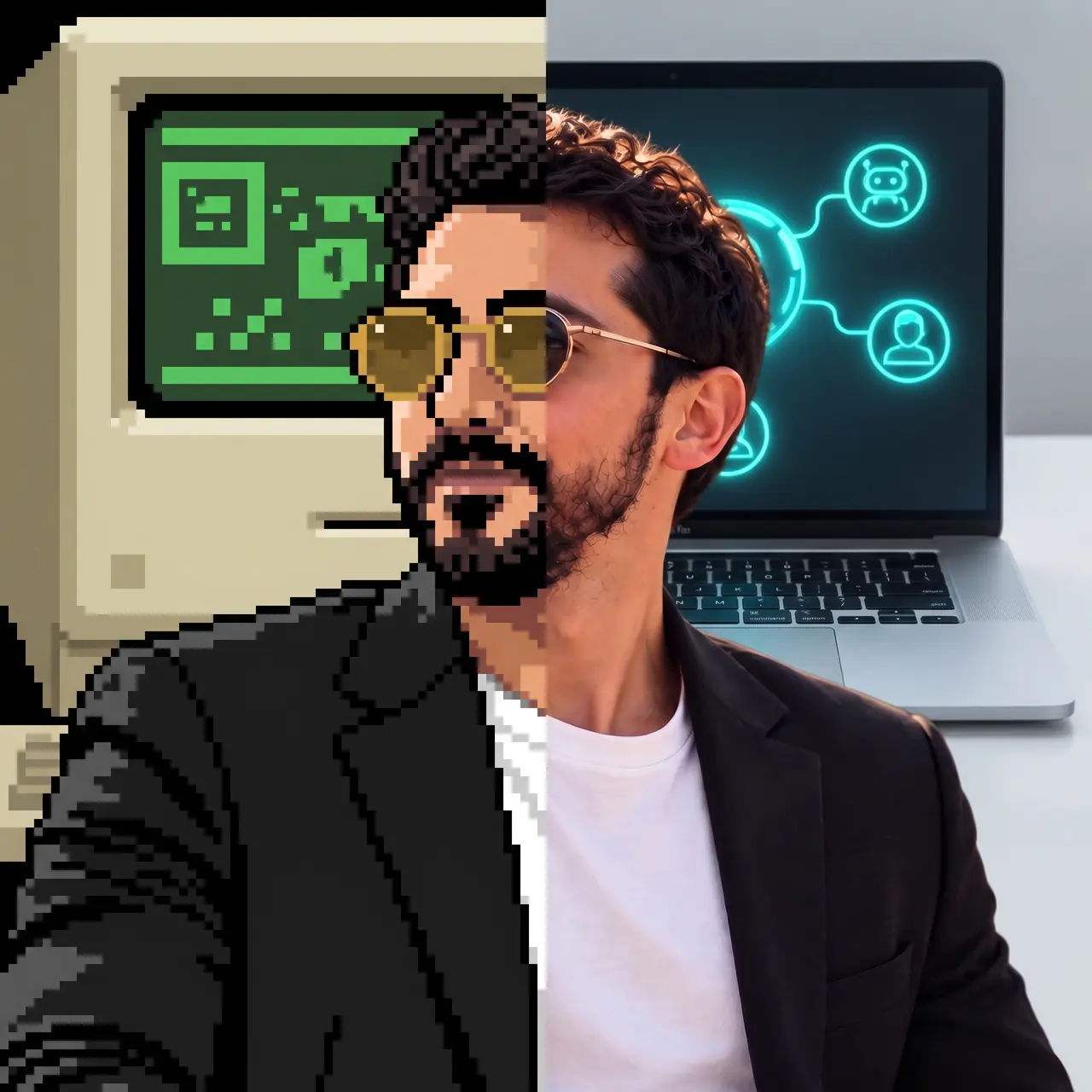 Ortadan bölünmüş, yapay zekâ ile üretilmiş çizim: Atakan Özalan'ın sol yarısı eski bir bilgisayarın önünde 16 bit piksel sanatı, sağ yarısı ajan simgeleri gösteren bir dizüstü bilgisayarın önünde fotoğraf.