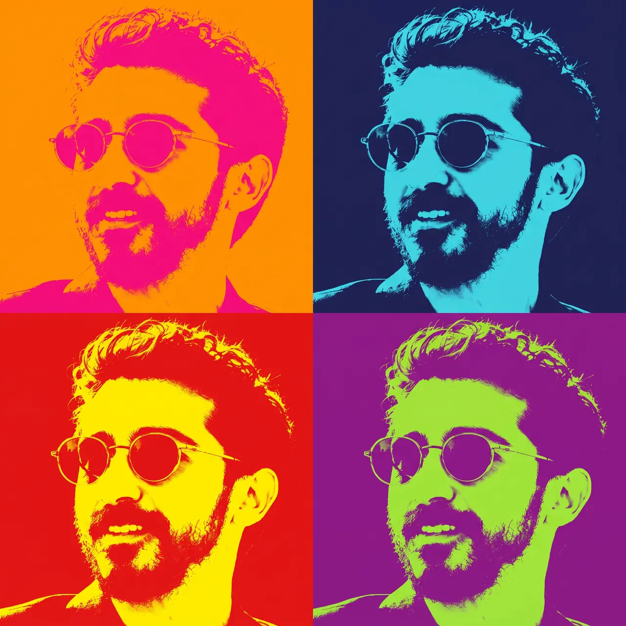 Pop art tarzında yapay zekâ ile üretilmiş çizim: yuvarlak gözlüklü Atakan Özalan'ın her biri farklı parlak renklerde dört tekrarlı portresi.