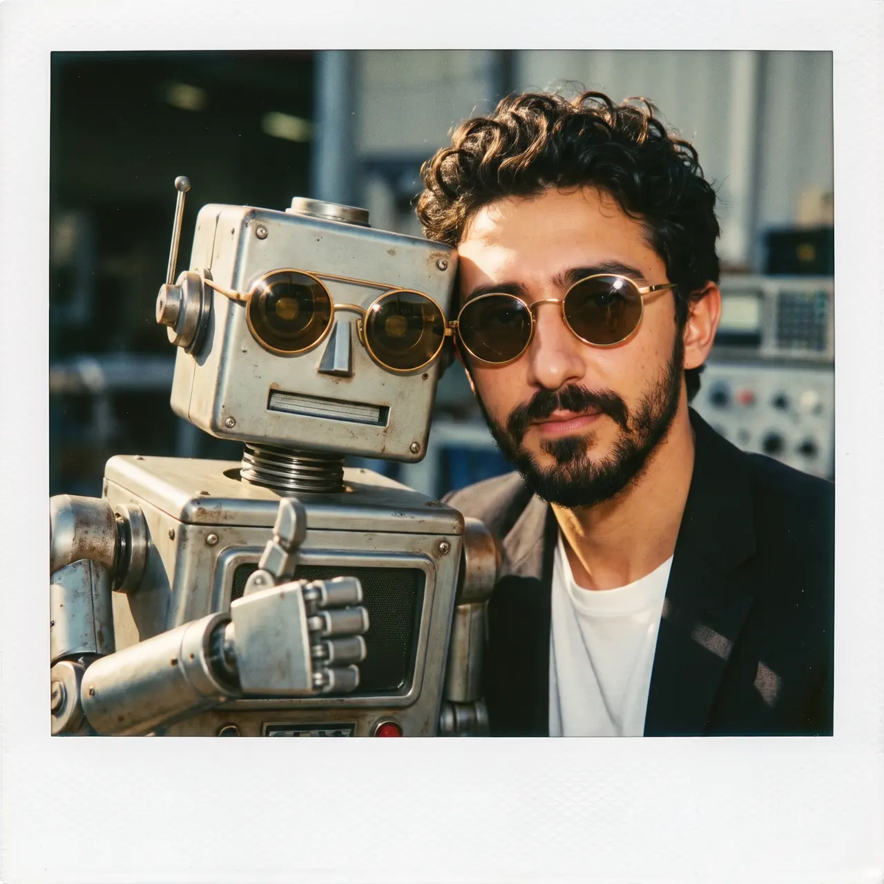 Anında fotoğraf tarzında yapay zekâ ile üretilmiş çizim: Atakan Özalan, aynı yuvarlak renkli gözlüğü takmış ve başparmağını kaldırmış köşeli metal bir robotla yanak yanağa.
