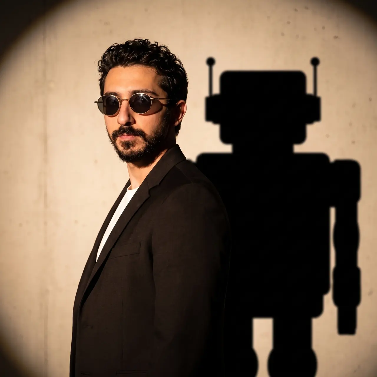 Yapay zekâ ile üretilmiş çizim: siyah ceketli Atakan Özalan bir spot ışığının altında; duvardaki gölgesi robot biçiminde.