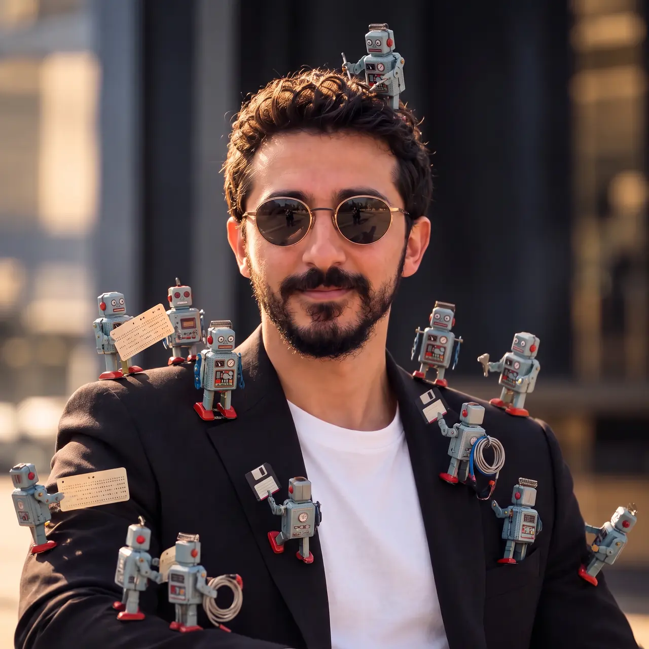 Yapay zekâ ile üretilmiş çizim: dışarıda gülümseyen Atakan Özalan; düzinelerce minik teneke robot delikli kartlar, kablolar ve disketler taşıyarak ceketine tırmanıyor.