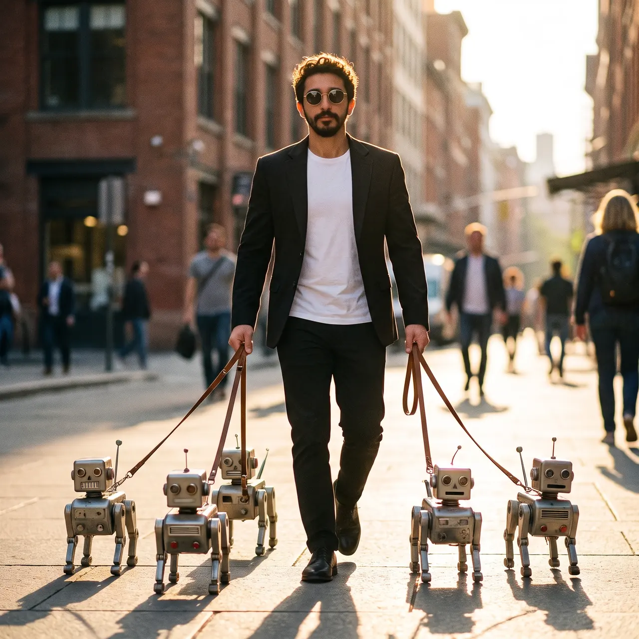 Yapay zekâ ile üretilmiş çizim: güneşli bir şehir sokağında yürüyen Atakan Özalan, beş küçük robot köpeğin tasmasını tutuyor.